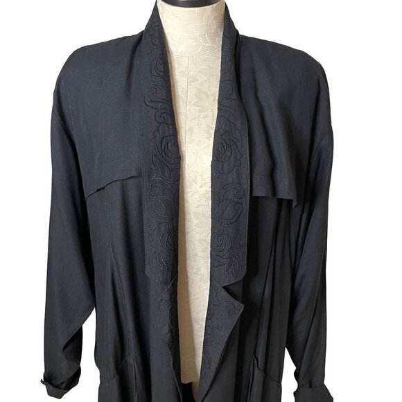 Surya Womens Duster Black Size Large Vintage Open Front Embroidered Rayon Pocket - Picture 3 of 16